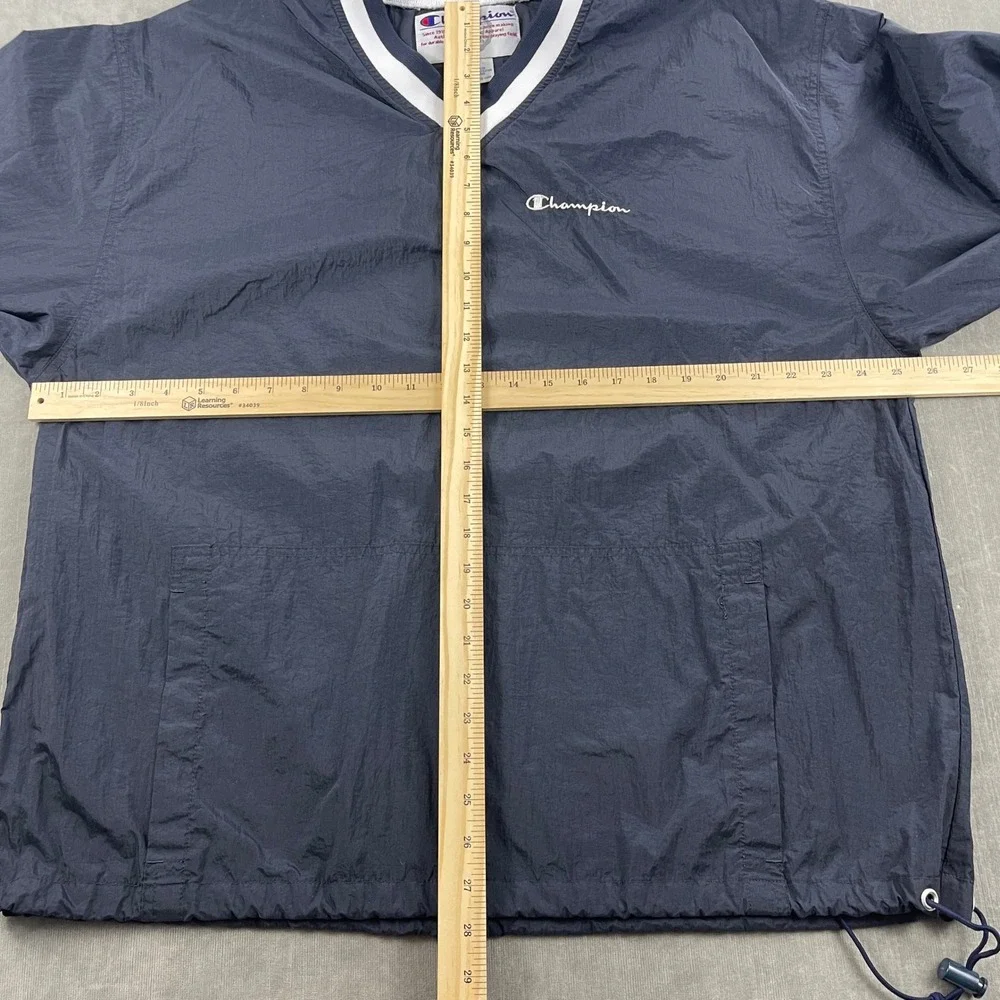 Vintage Champion Men Large Navy Blue Windbreaker Pullover V-Neck Kangaroo Pocket